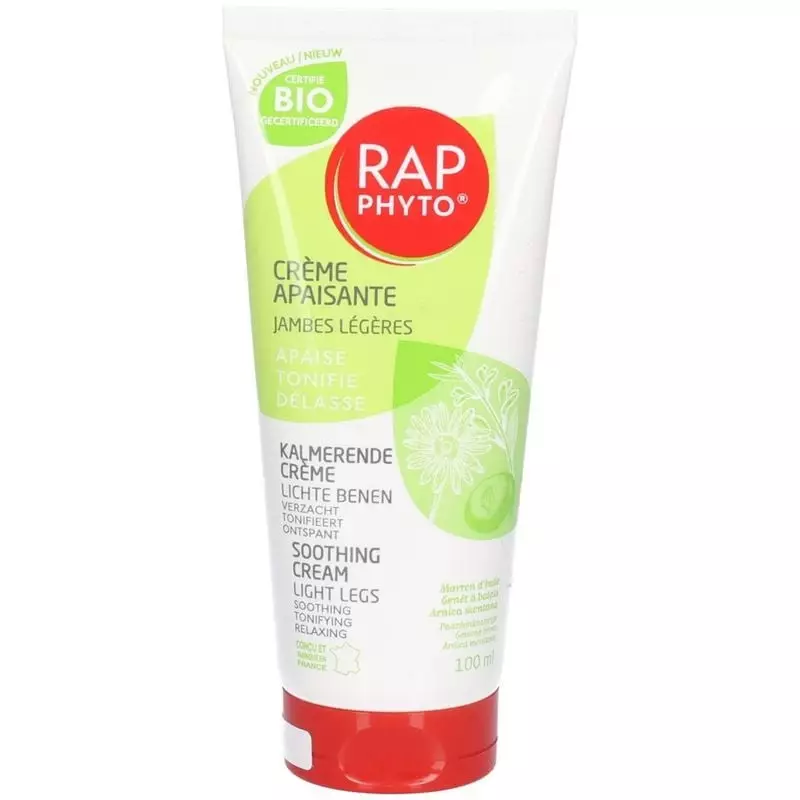 Rap Phyto Crème Apaisante tube en vue inclinée, mettant en valeur son capuchon à clapet pratique et 