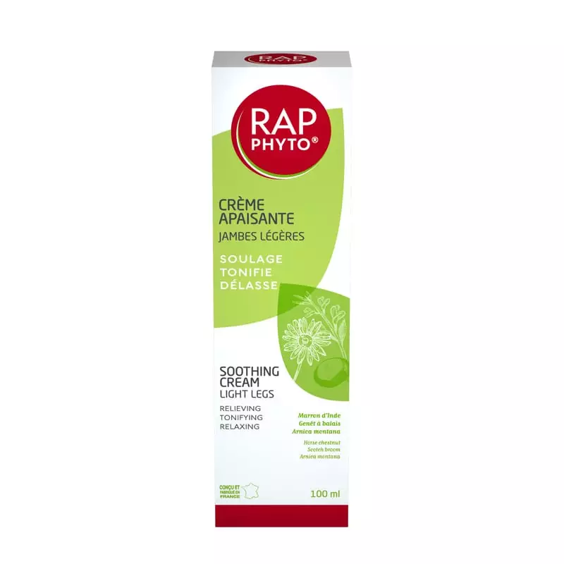 Vue de face du tube Rap Phyto Crème Apaisante, montrant le design de l'emballage avec des accents ve