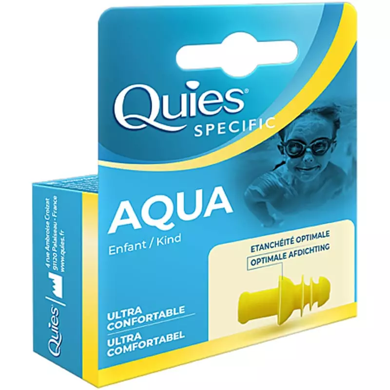 Bouchons d'oreilles Quies Specific Aqua Enfant réutilisables, TPE bleu et transparent, 4 collerettes