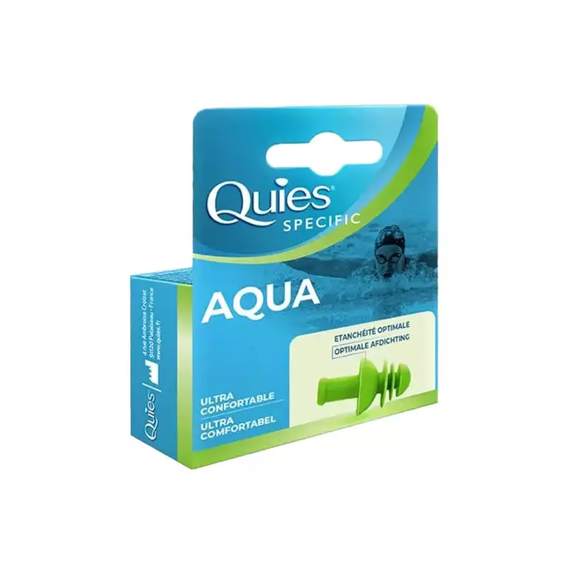 Quies Specific AQUA bouchons d'oreilles silicone étanches, packshot avec boîte et anneaux bleus