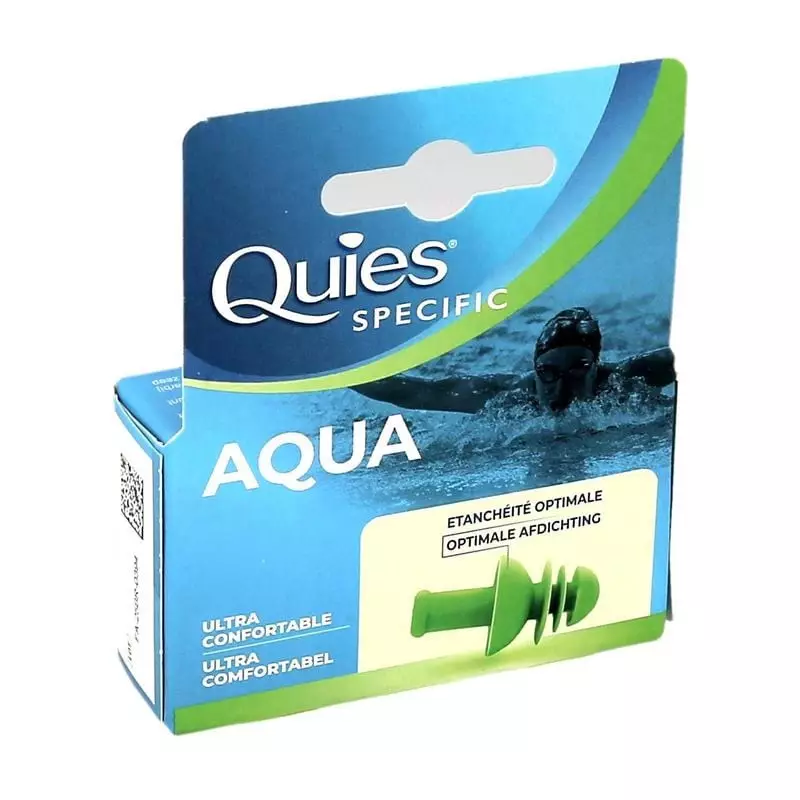 Packshot des bouchons d'oreilles Quies Specific AQUA avec étui ouvert, soulignant la portabilité et 