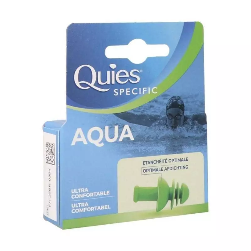 Gros plan des bouchons Quies Specific AQUA : silicone bleu, 4 collerettes, confort et ajustement