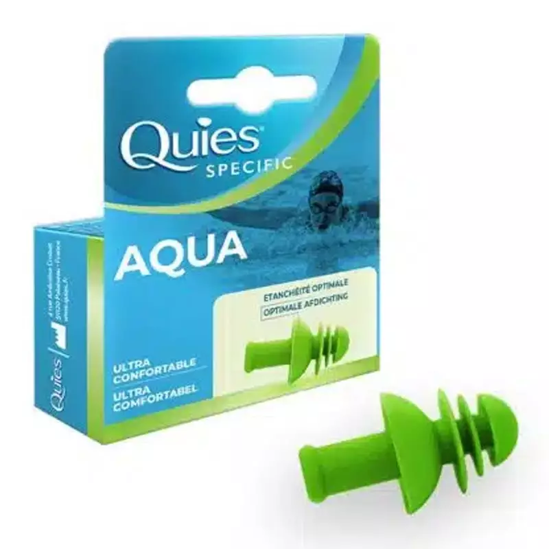 Packshot des bouchons Quies Specific AQUA en place dans l'oreille, montrant l'ajustement anatomique 