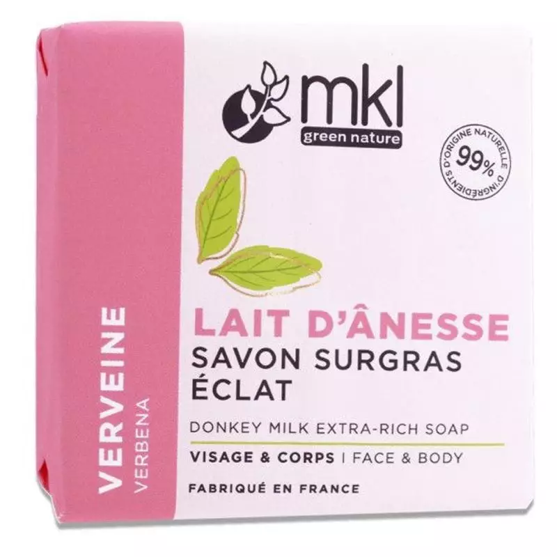 Packshot du savon MKL Green Nature au lait d'ânesse et à la verveine, poids net 100 g