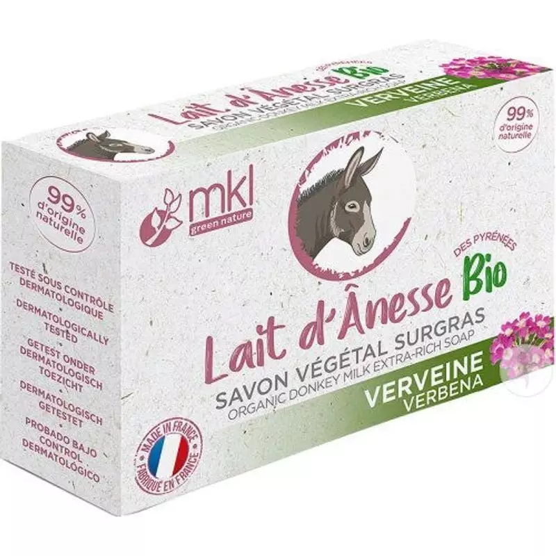 Packshot du savon solide MKL Green Nature au lait d'ânesse et verveine avec texture visible