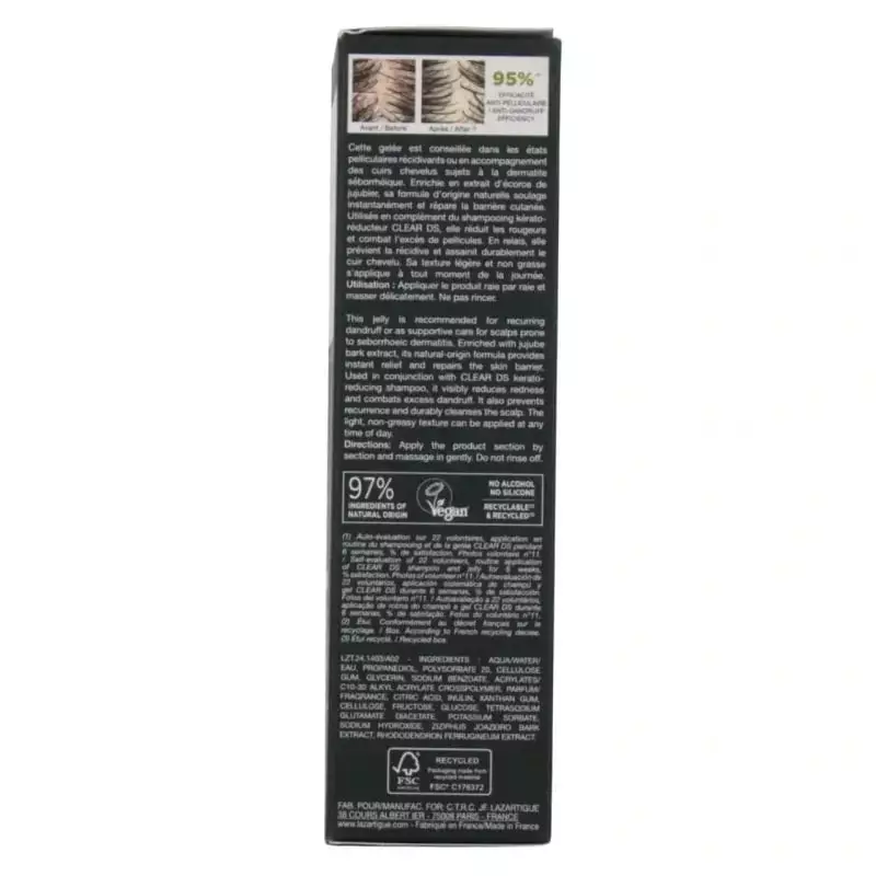 Gros plan sur la texture du gel anti-pelliculaire Lazartigue Clear DS 2070036, montrant la formule t