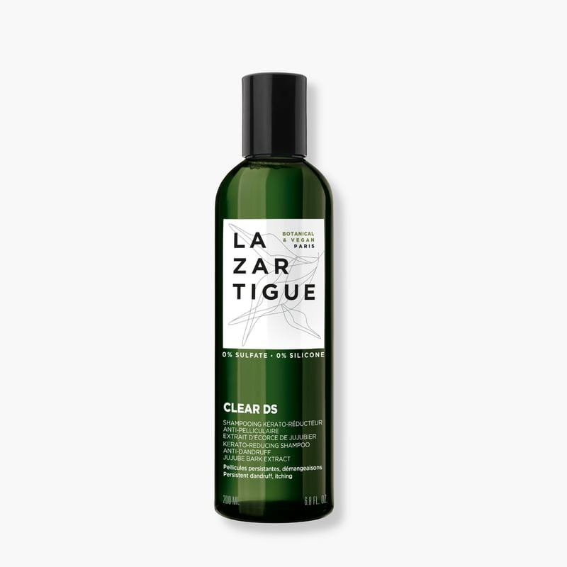 Packshot du shampoing anti-pelliculaire Lazartigue Clear DS 2070035 dans un flacon blanc avec des ac