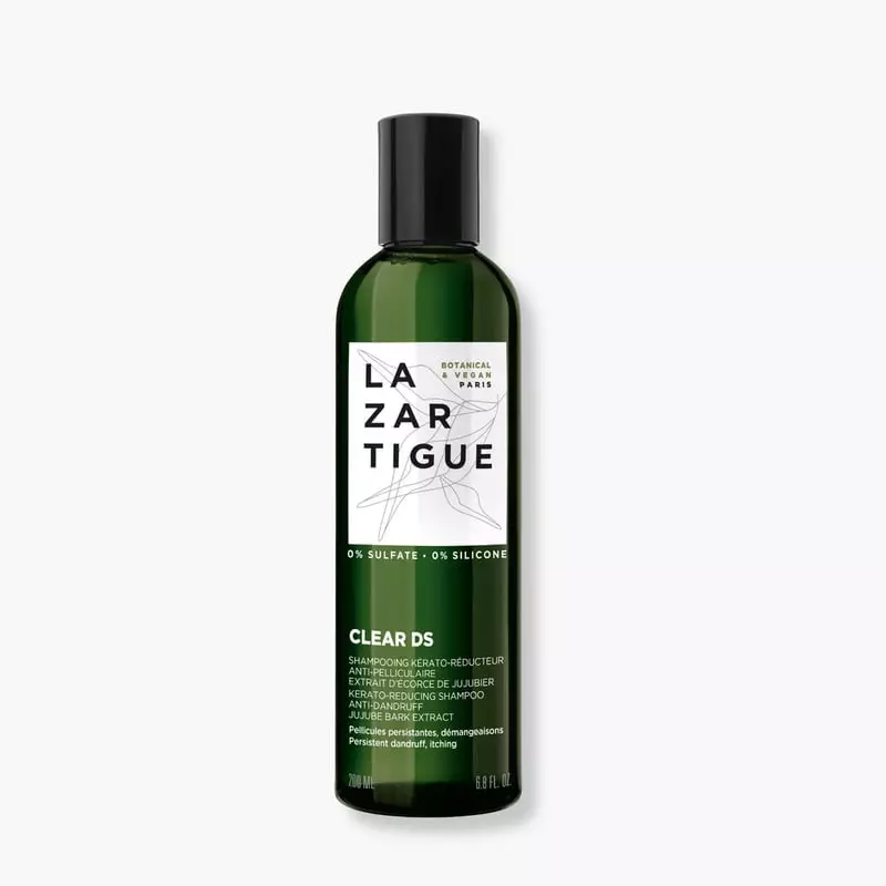 Packshot du shampoing anti-pelliculaire Lazartigue Clear DS 2070035 dans un flacon blanc avec des ac