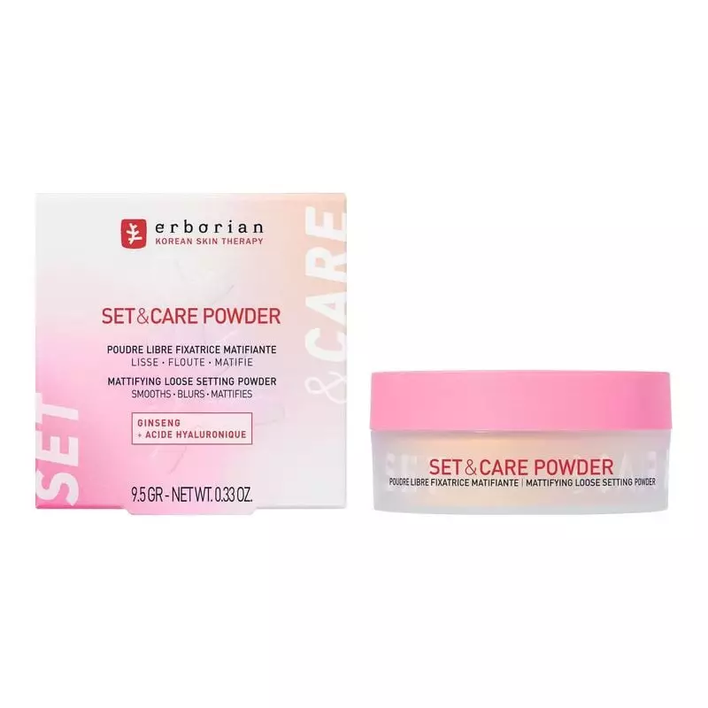 Poudre libre Erborian Set & Care : nom du produit et ingrédients K-Beauty visibles.