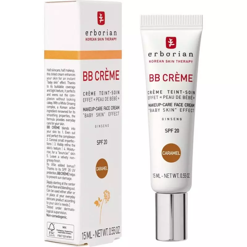 Packshot Erborian BB Crème au Ginseng Caramel, vue de face, bouchon doré et crème teintée caramel