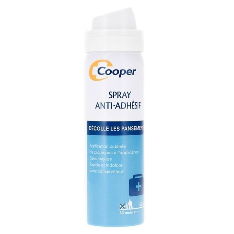 Flacon blanc de 50 ml de spray anti-adhésif Cooper, pour retirer les pansements sans douleur.