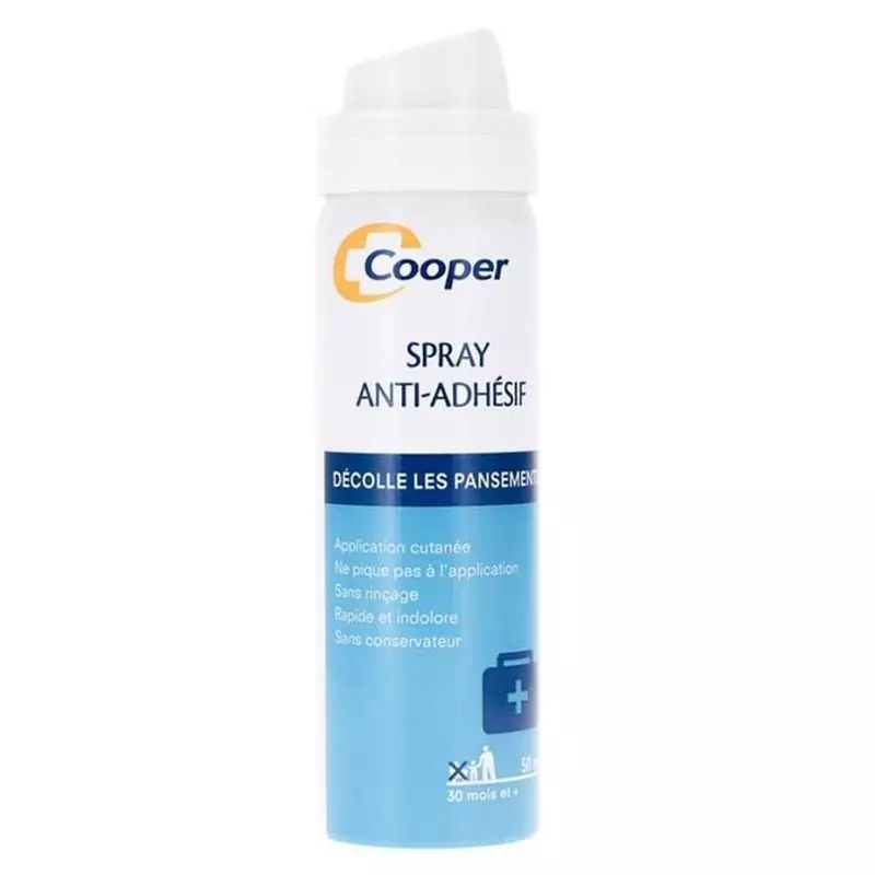 Flacon blanc de 50 ml de spray anti-adhésif Cooper, pour retirer les pansements sans douleur.