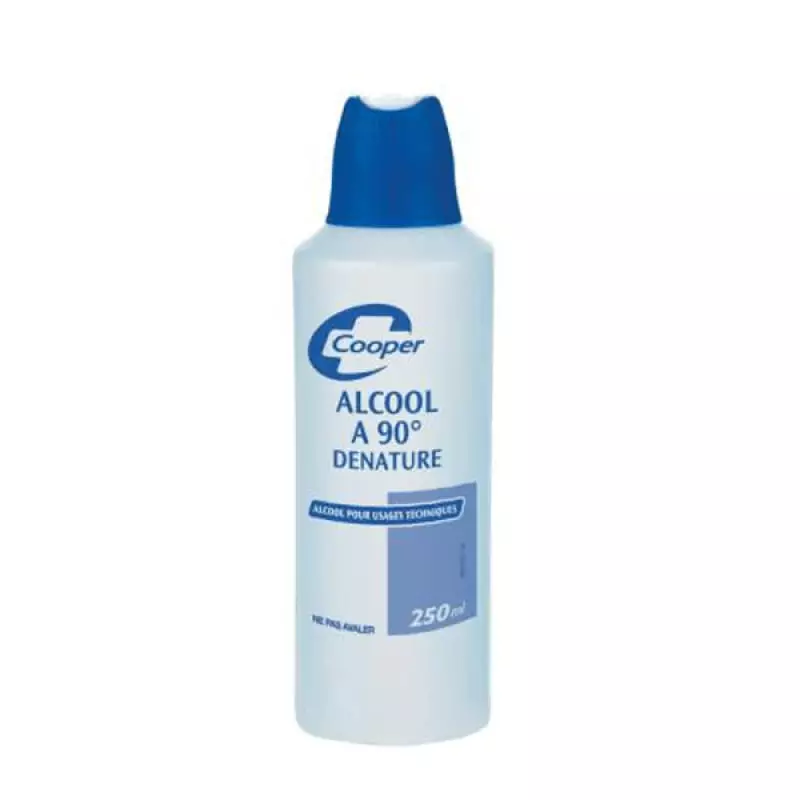 Alcool dénaturé 90° Cooper 2070624 flacon 250 ml packshot avec étiquette bleue et détails produit