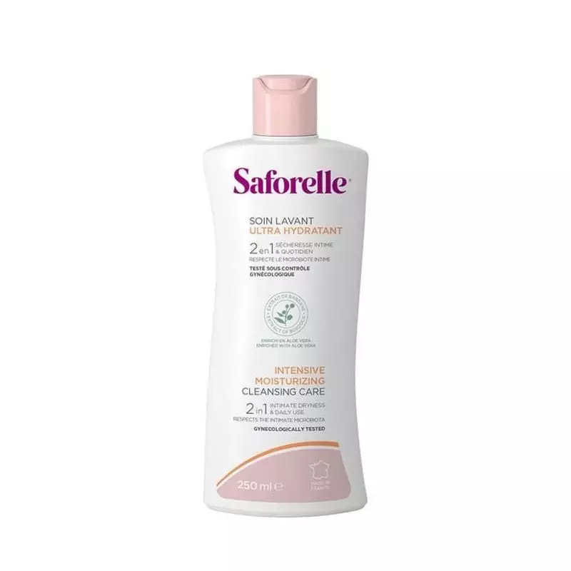 Gros plan sur la formule du gel lavant ultra-hydratant Saforelle à la texture apaisante pour peaux s