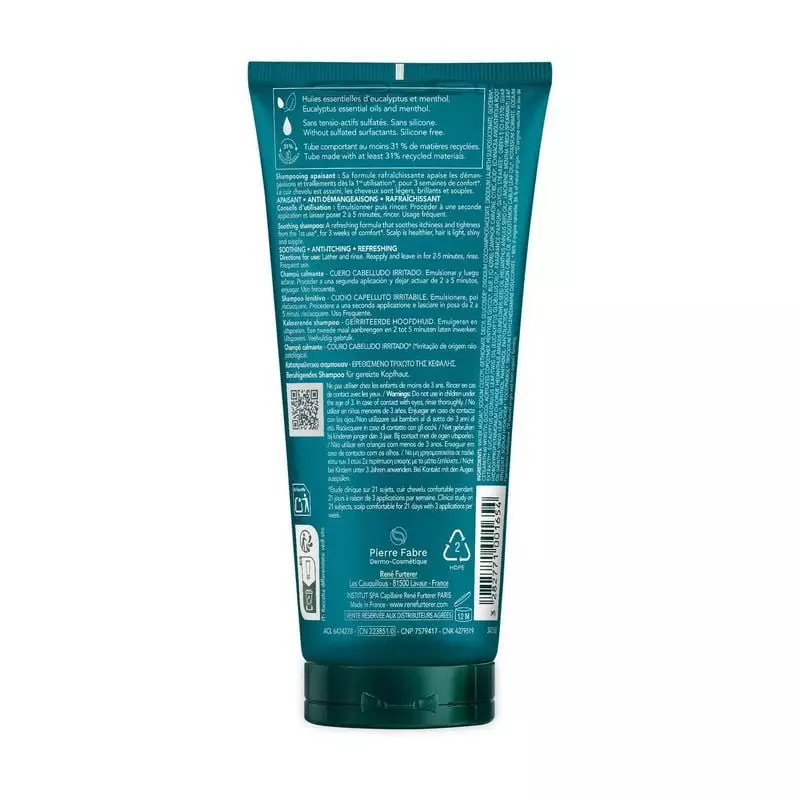 Détail du bouchon et de l'étiquette des ingrédients du shampooing apaisant Astera de René Furterer.