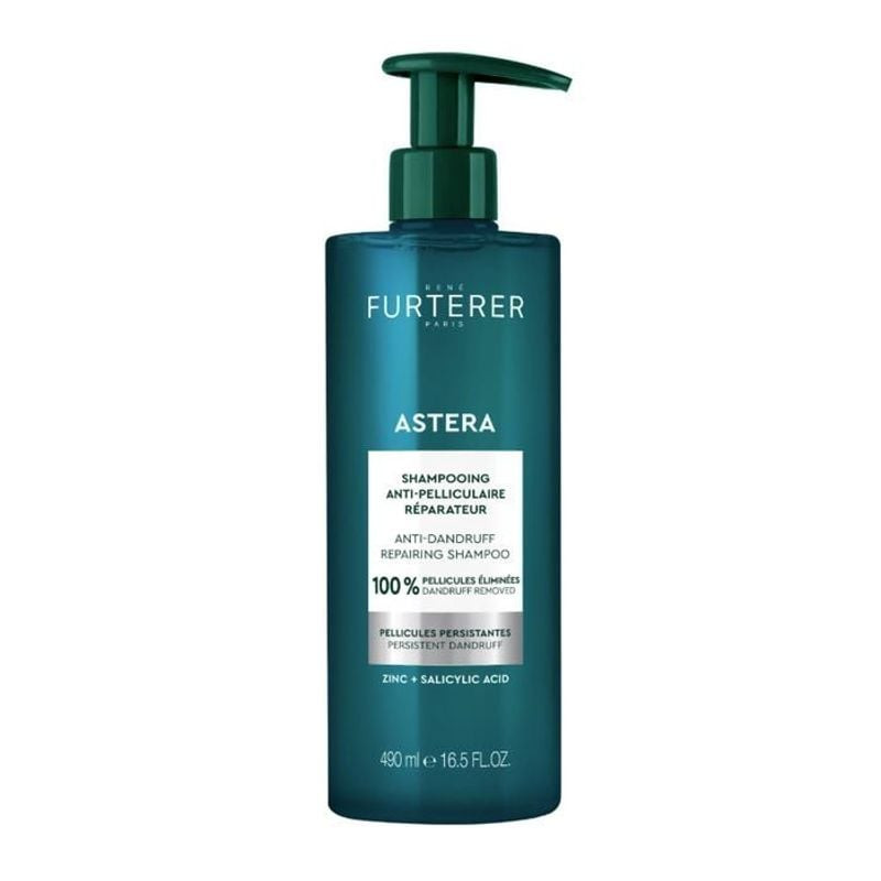 Packshot du shampooing anti-pelliculaire réparateur René Furterer ASTERA, flacon avec logo et détail