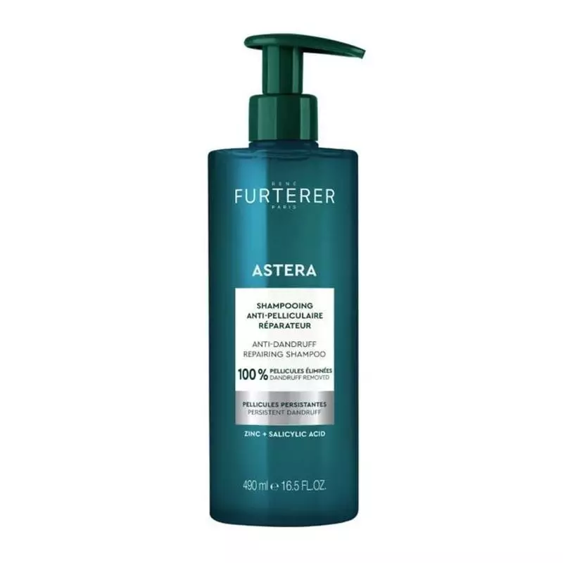 Packshot du shampooing anti-pelliculaire réparateur René Furterer ASTERA, flacon avec logo et détail