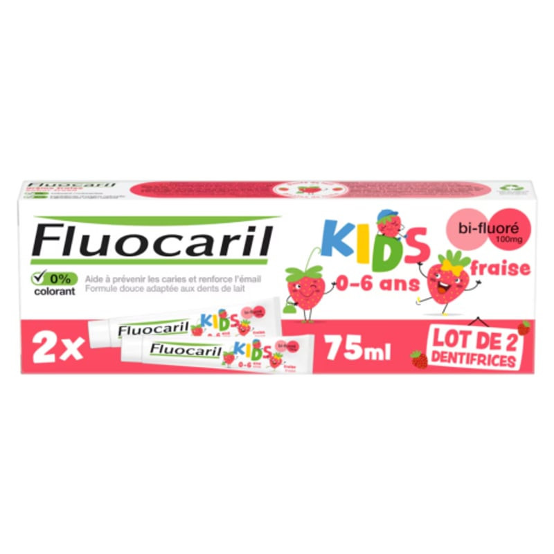 Packshot de deux tubes de dentifrice Fluocaril Kids Bi-Fluoré Fraise, 75 ml chacun, pour enfants de 