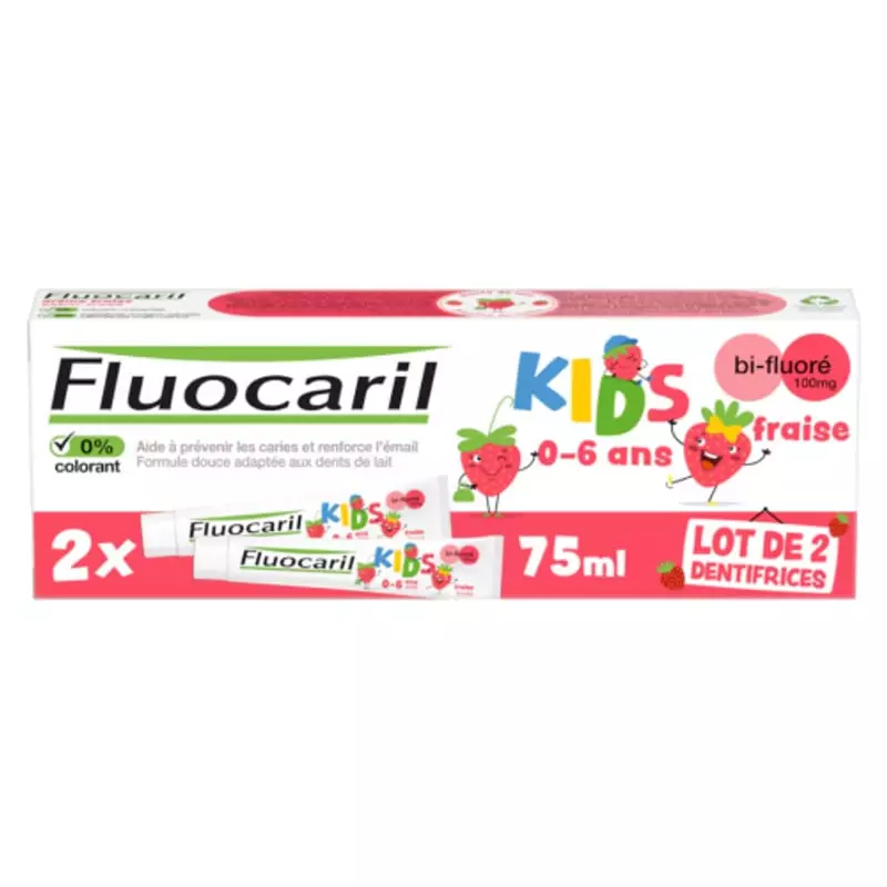 Packshot de deux tubes de dentifrice Fluocaril Kids Bi-Fluoré Fraise, 75 ml chacun, pour enfants de 