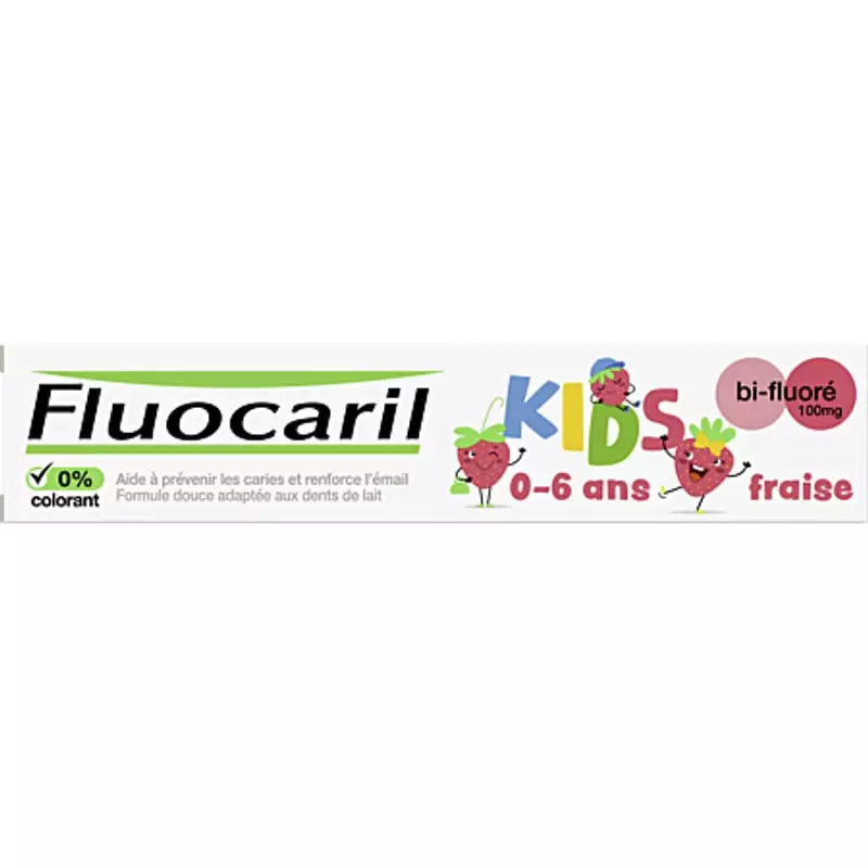 Packshot du dentifrice Fluocaril Kids Bi-Fluoré fraise pour enfants 0-6 ans, 97% d'ingrédients natur