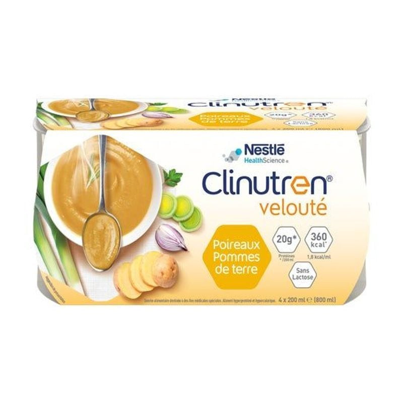 Packshot de Clinutren Soupe Velouté Poireaux Pommes de terre, soupe hyperprotéinée, pack de 4 x 200 