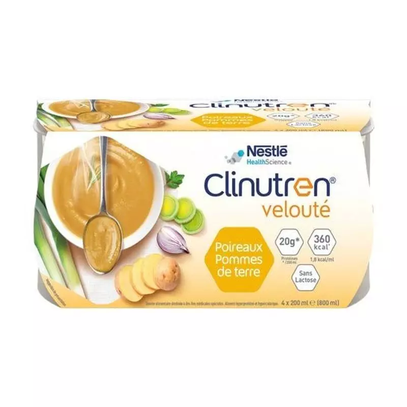 Packshot de Clinutren Soupe Velouté Poireaux Pommes de terre, soupe hyperprotéinée, pack de 4 x 200 