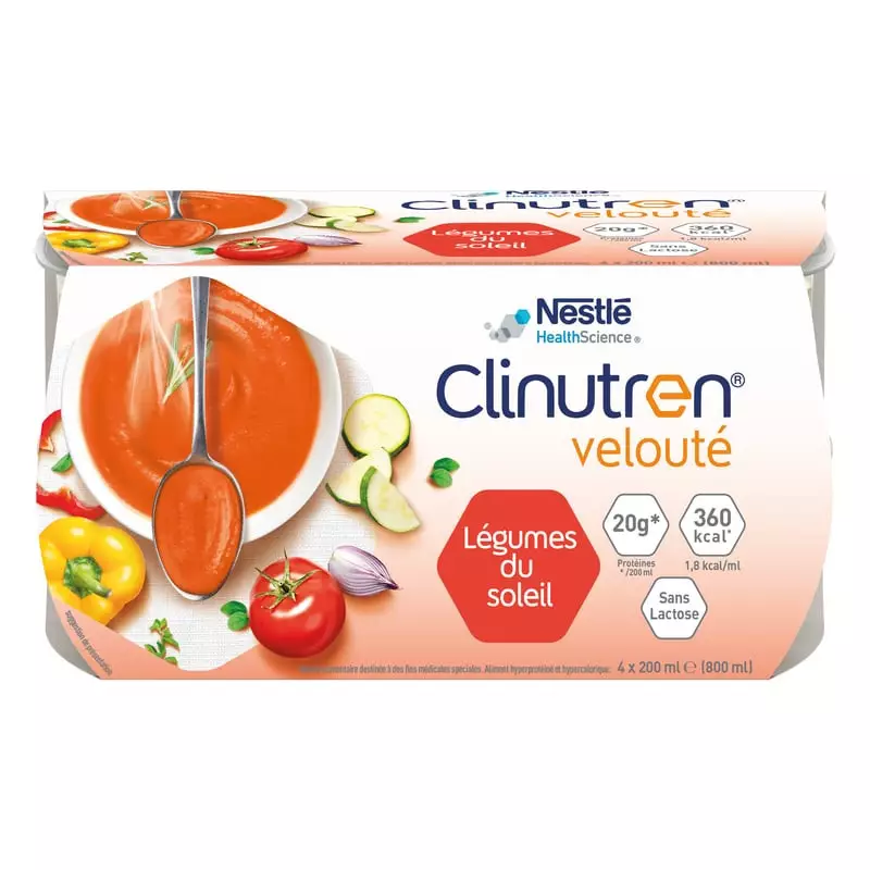 Gros plan sur le pot Clinutren Soupe Velouté Légumes du soleil de Nestlé Health Science, avec tomate