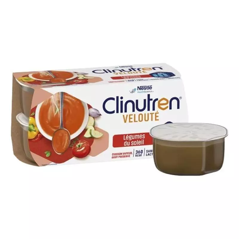 Quatre pots de Clinutren Soupe Velouté Légumes du soleil, complément hyperprotéiné de Nestlé Health 