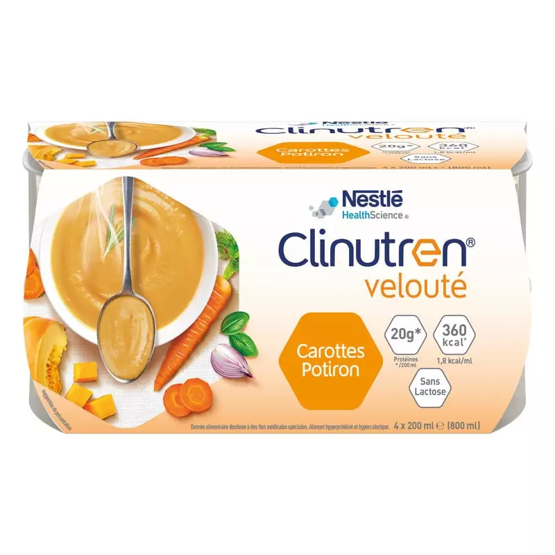 Pack shot du complément nutritionnel oral Clinutren Velouté Carottes-Potiron, pot de 200 ml, texture