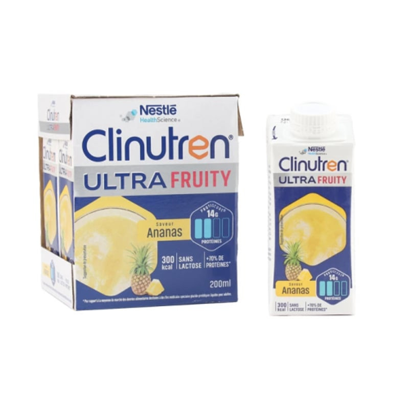 Packshot de la brique Clinutren Ultra Fruity saveur ananas, complément nutritionnel, avec branding s