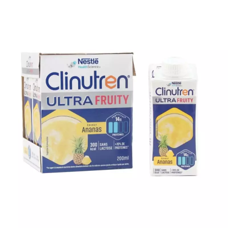 Packshot de la brique Clinutren Ultra Fruity saveur ananas, complément nutritionnel, avec branding s