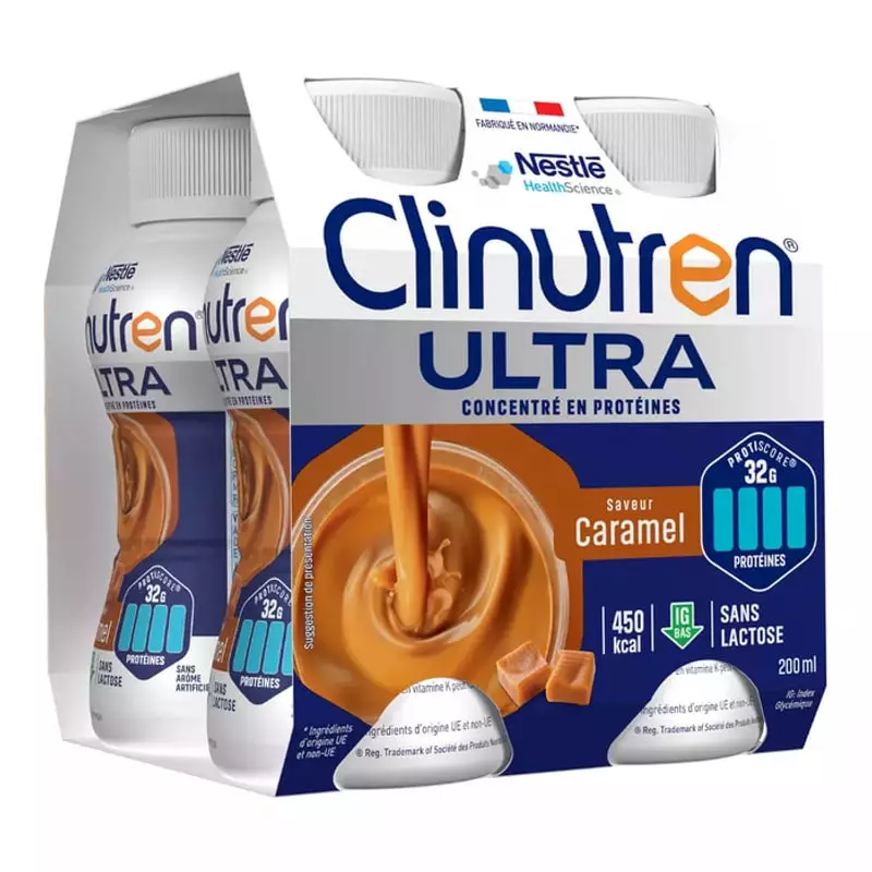 Packshot Clinutren Ultra Caramel 200ml, complément nutritionnel, avec quatre bouteilles côte à côte 