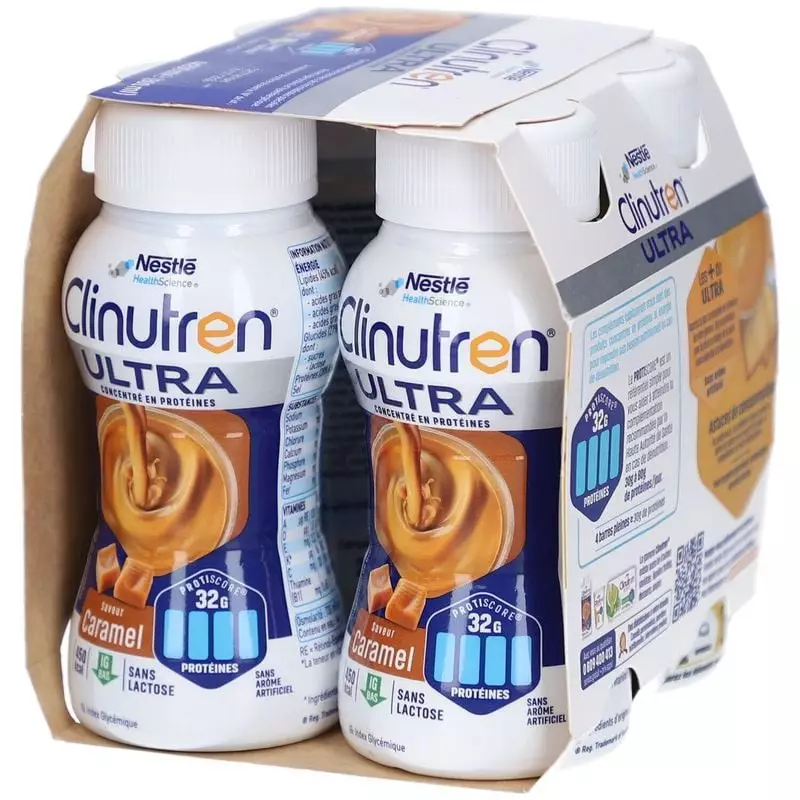 Bouteille de Clinutren Ultra Caramel 200 ml posée sur une table avec cannelle, vanille et ingrédient