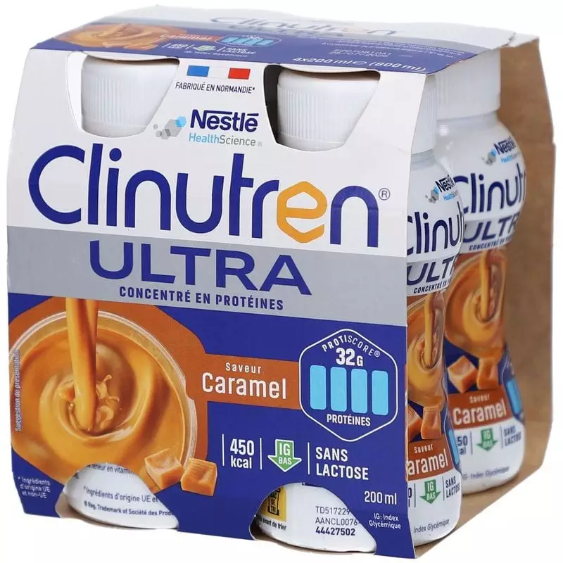 Gros plan d'une bouteille de Clinutren Ultra Caramel 200 ml avec carte nutritionnelle et bonbons car