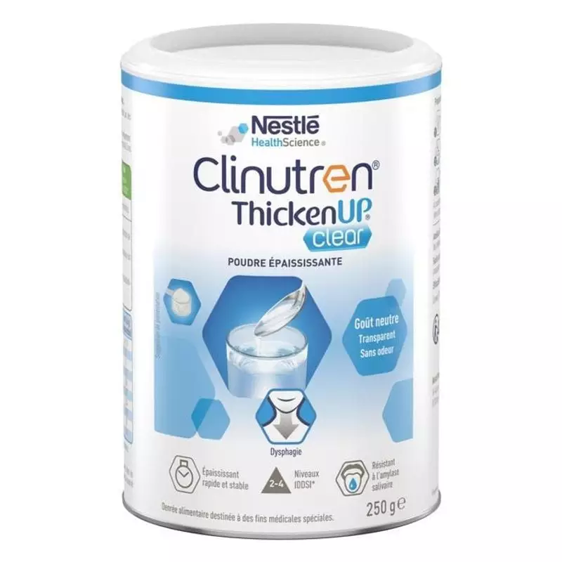 Packshot Clinutren ThickenUp Clear montrant le pot et l'étiquette, avec un verre de liquide épaissi.