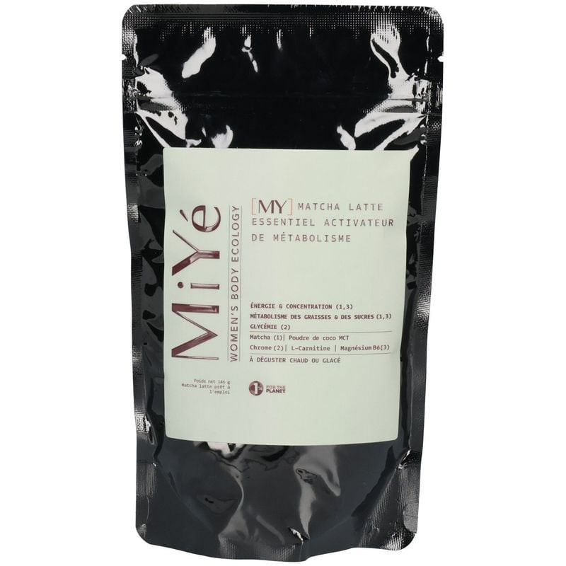 Packshot MiYé Matcha Latte 146g : étiquette arrière avec informations nutritionnelles et mode d'empl