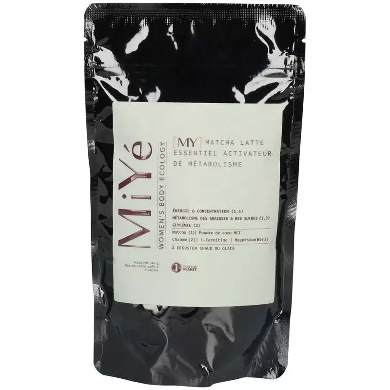 Packshot MiYé Matcha Latte 146g : étiquette arrière avec informations nutritionnelles et mode d'empl