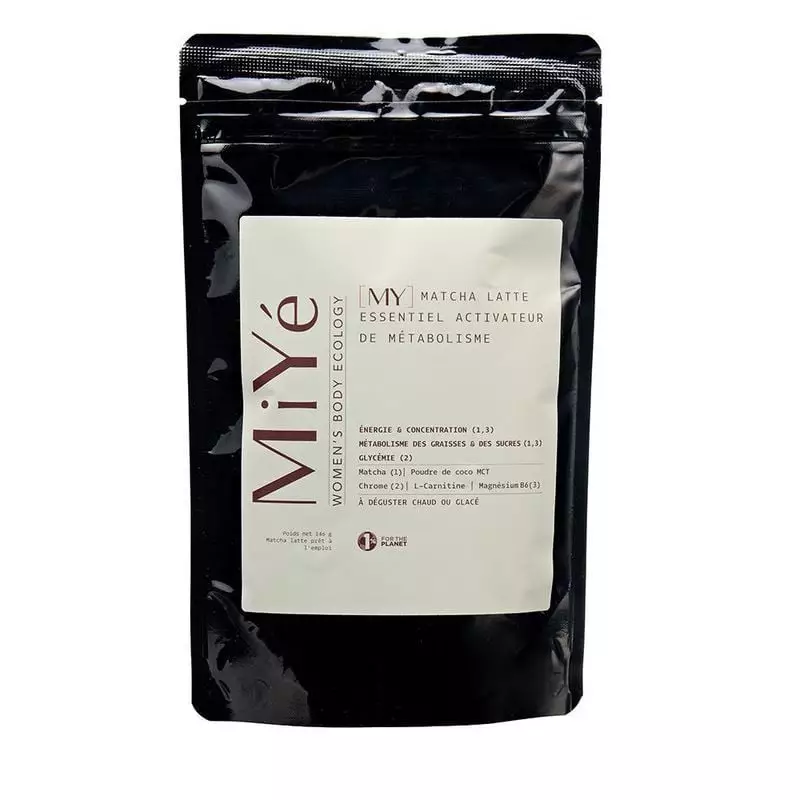 Packshot de MiYé Matcha Latte Activateur de Métabolisme 146 g sur fond blanc, montrant l'étiquette a