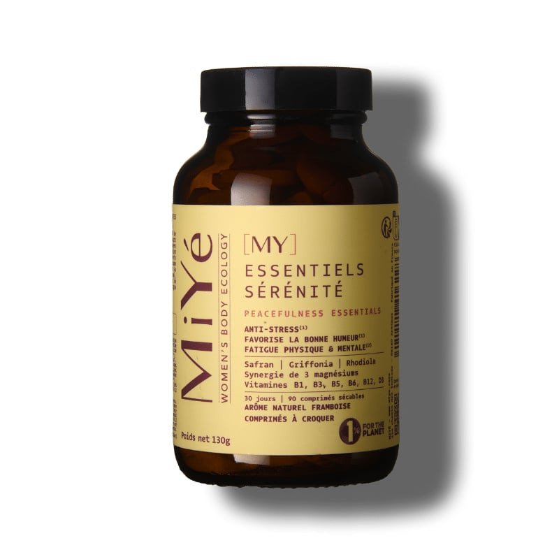 Flacon MiYé Essentiels Sérénité, 90 comprimés à croquer saveur framboise, pour l'équilibre hormonal 