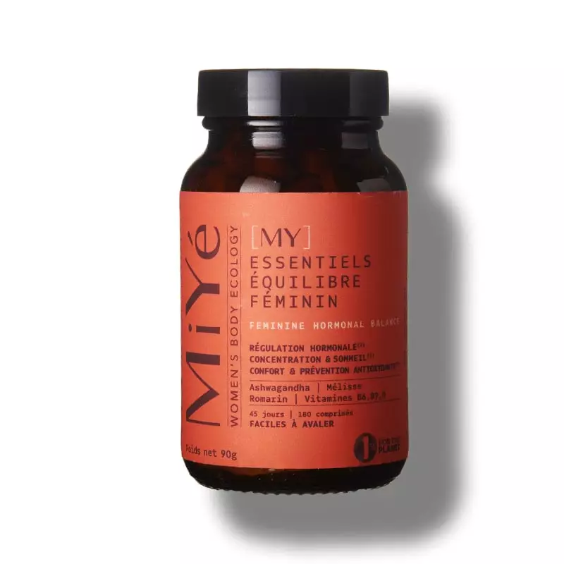 Flacon du complément alimentaire MiYé Essentiels Équilibre Féminin, vue de face sur fond blanc.