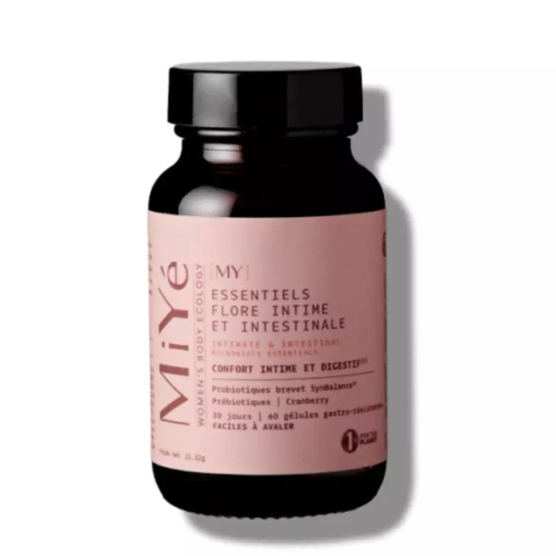Packshot de la boîte du complément alimentaire MiYé MY Essentiels Flore Intime et Intestinale pour f