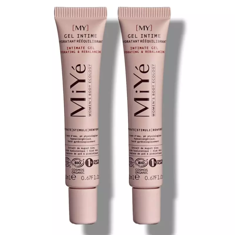 MiYé gel intime hydratant biologique en flacon blanc de 20 ml sur fond clair