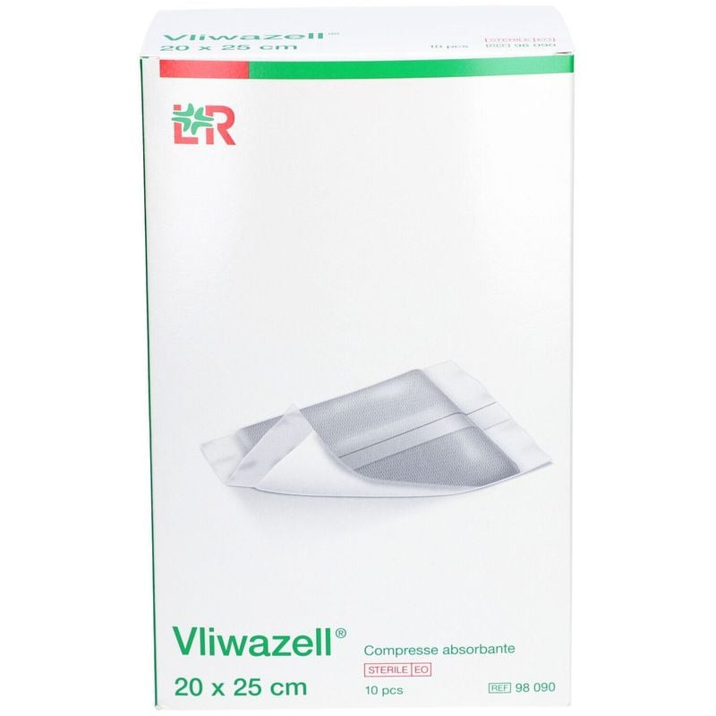 Pansement absorbant stérile Vliwazell 20x25 cm, packshot montrant le nom et la taille sur fond blanc