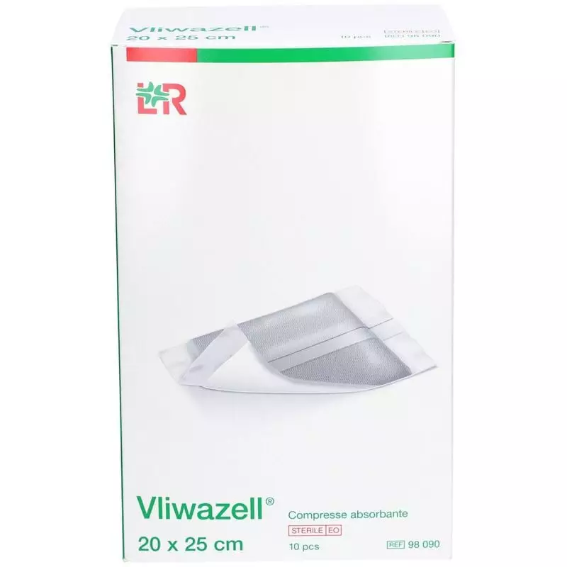 Pansement absorbant stérile Vliwazell 20x25 cm, packshot montrant le nom et la taille sur fond blanc