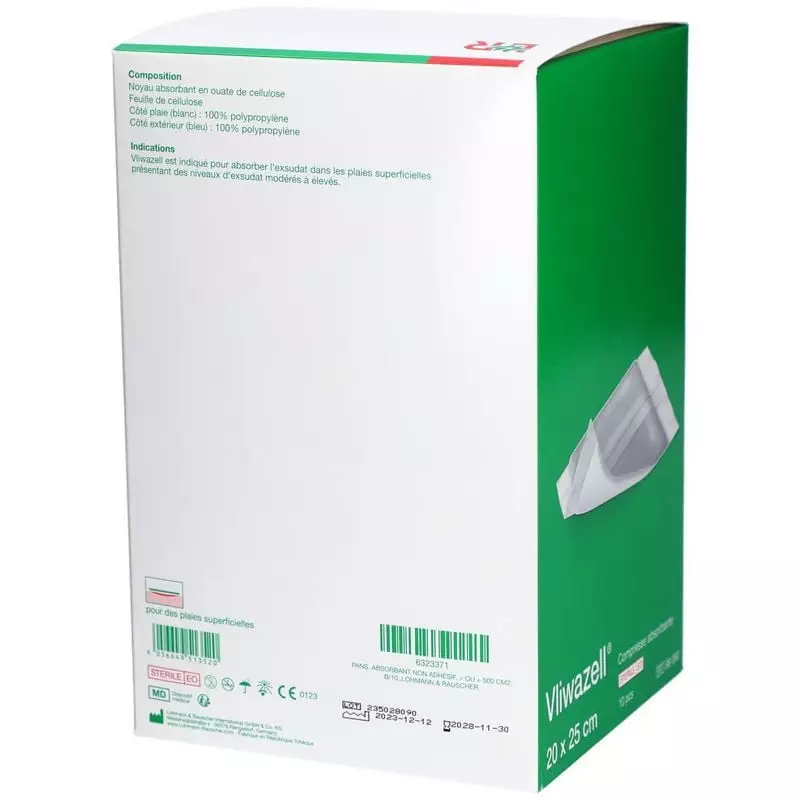 Pack de pansements Vliwazell 20x25 cm avec détails produit et code-barres sur fond blanc.