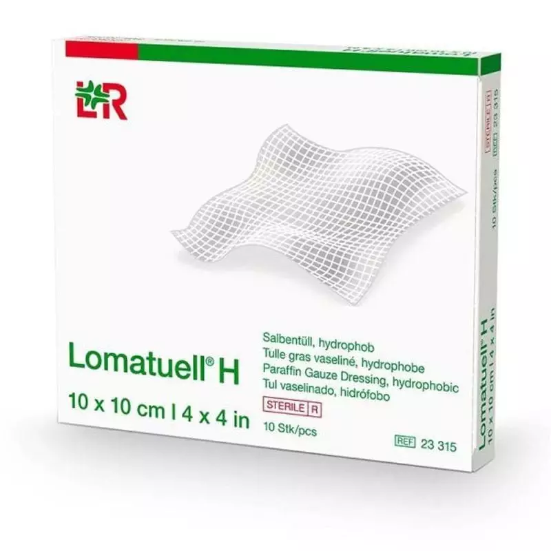 Packshot de la boîte de tulle gras stérile Lomatuell H de Lohmann & Rauscher, vue de face.