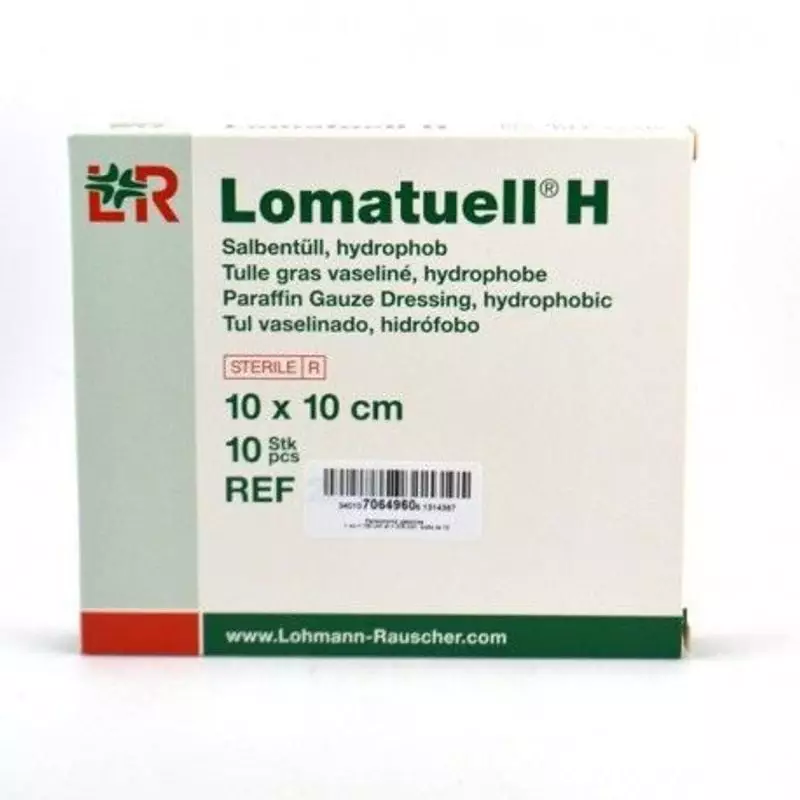 Packshot montrant les détails de l'emballage et les caractéristiques du pansement Lomatuell H pour l