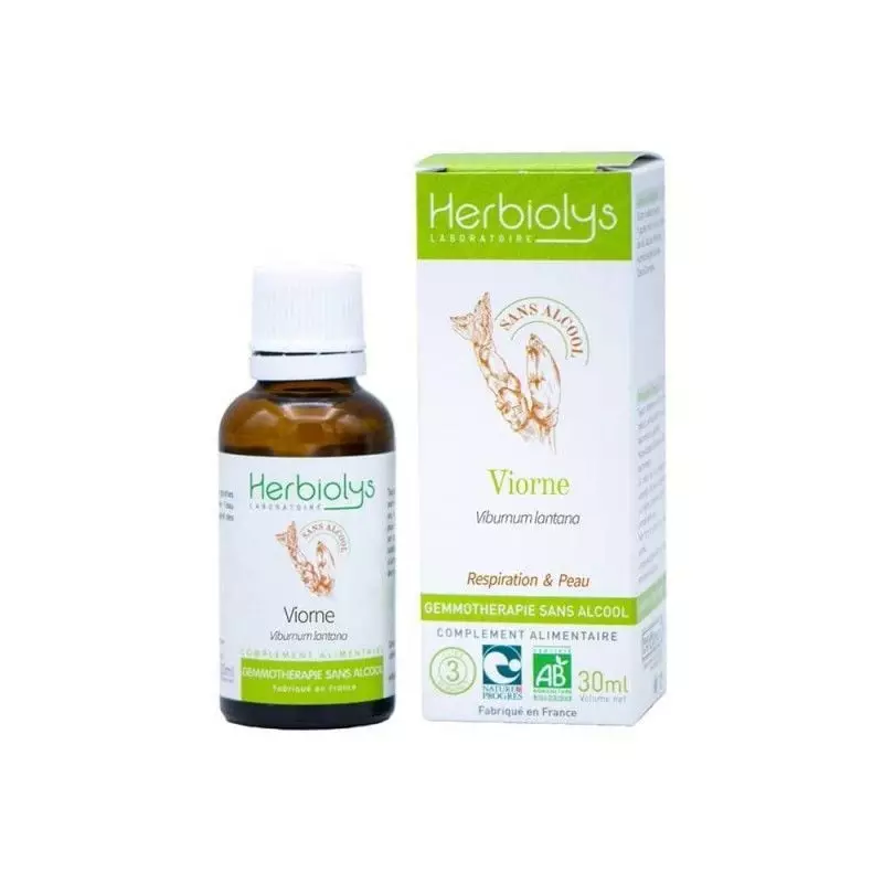 Flacon de macérat glycériné de bourgeons de Viorne bio sans alcool Herbiolys 30 ml