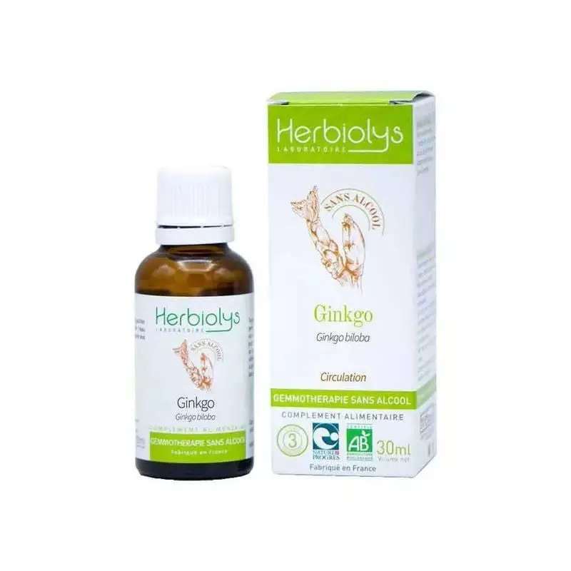 Flacon Herbiolys Ginkgo biloba, vue avant et arrière, étiquette et ingrédients, extrait sans alcool.