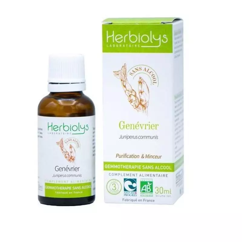 Macérat de bourgeons de genévrier bio Herbiolys – sans alcool, flacon en verre de 50 ml avec compte-
